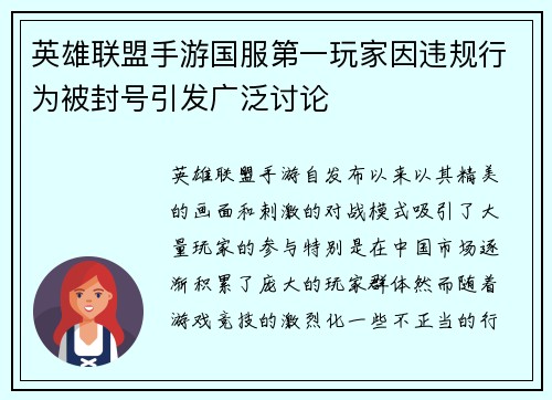 英雄联盟手游国服第一玩家因违规行为被封号引发广泛讨论 英雄联盟手游国服第一玩家因违规行为被封号引发广泛讨论