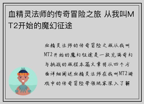 血精灵法师的传奇冒险之旅 从我叫MT2开始的魔幻征途
